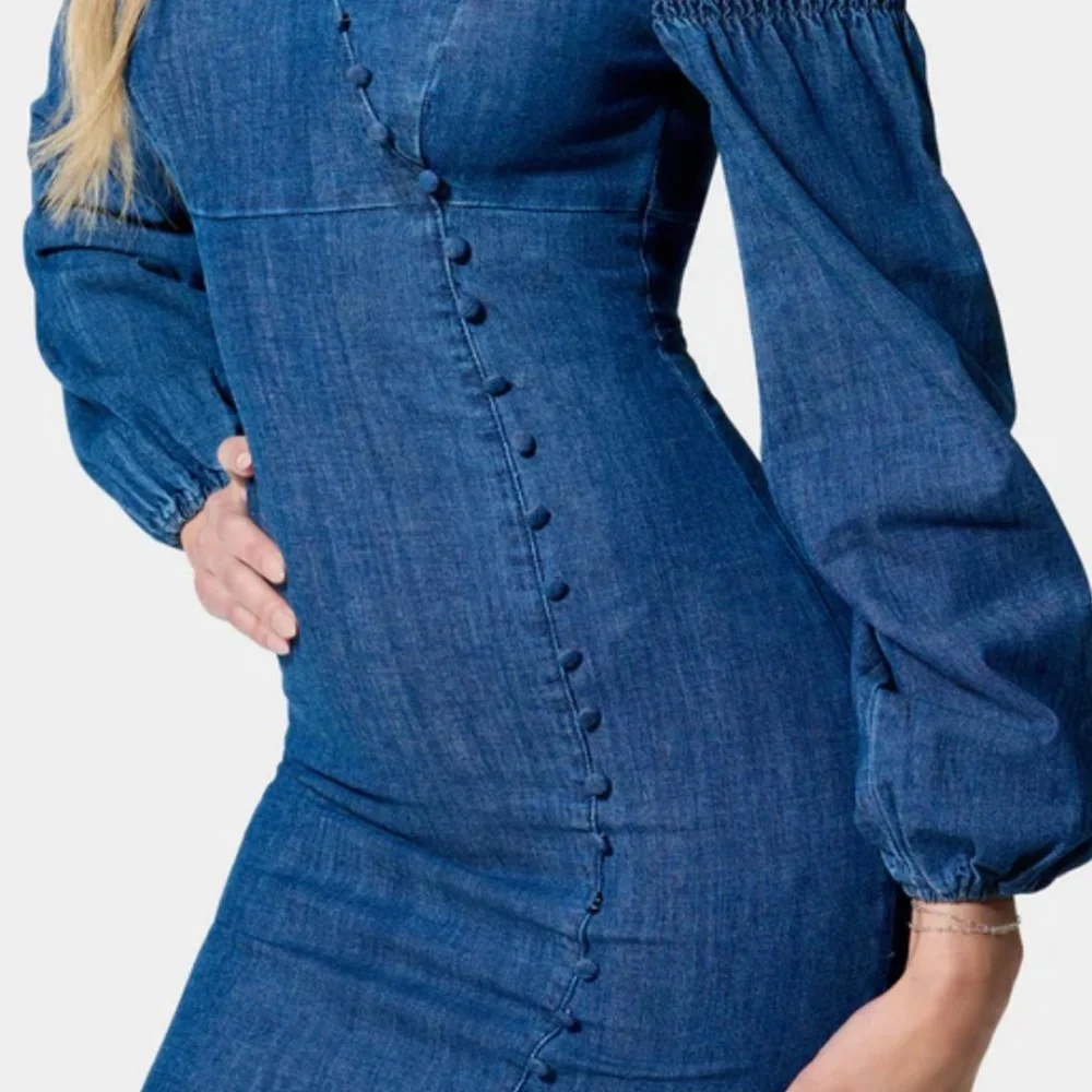 bebe Off-Shoulder Long Sleeve Denim Dress in Blue - Picture 2 of 9